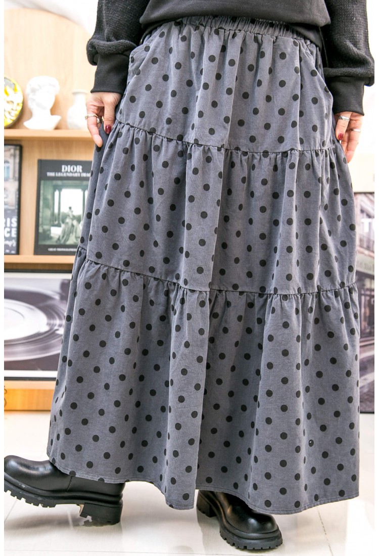2315-1232-日系- 橡根腰 ‧ 層層打摺 ‧ 點點PATTERN 燈芯絨料 半截裙 (韓國)  